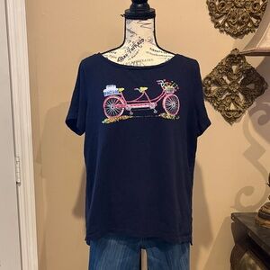 Talbots T-Shirt Woman Short Sleeve Scoop Neck Blue Pink Beaded Bicycle Sz 1X